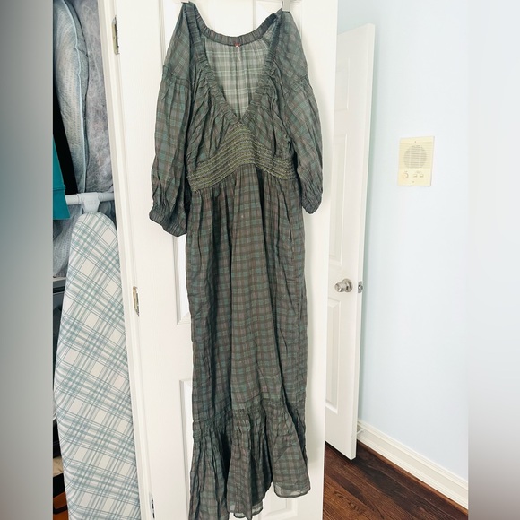 Free People Olive Green Plaid V-Neck Maxi Dress M - Picture 2 of 7